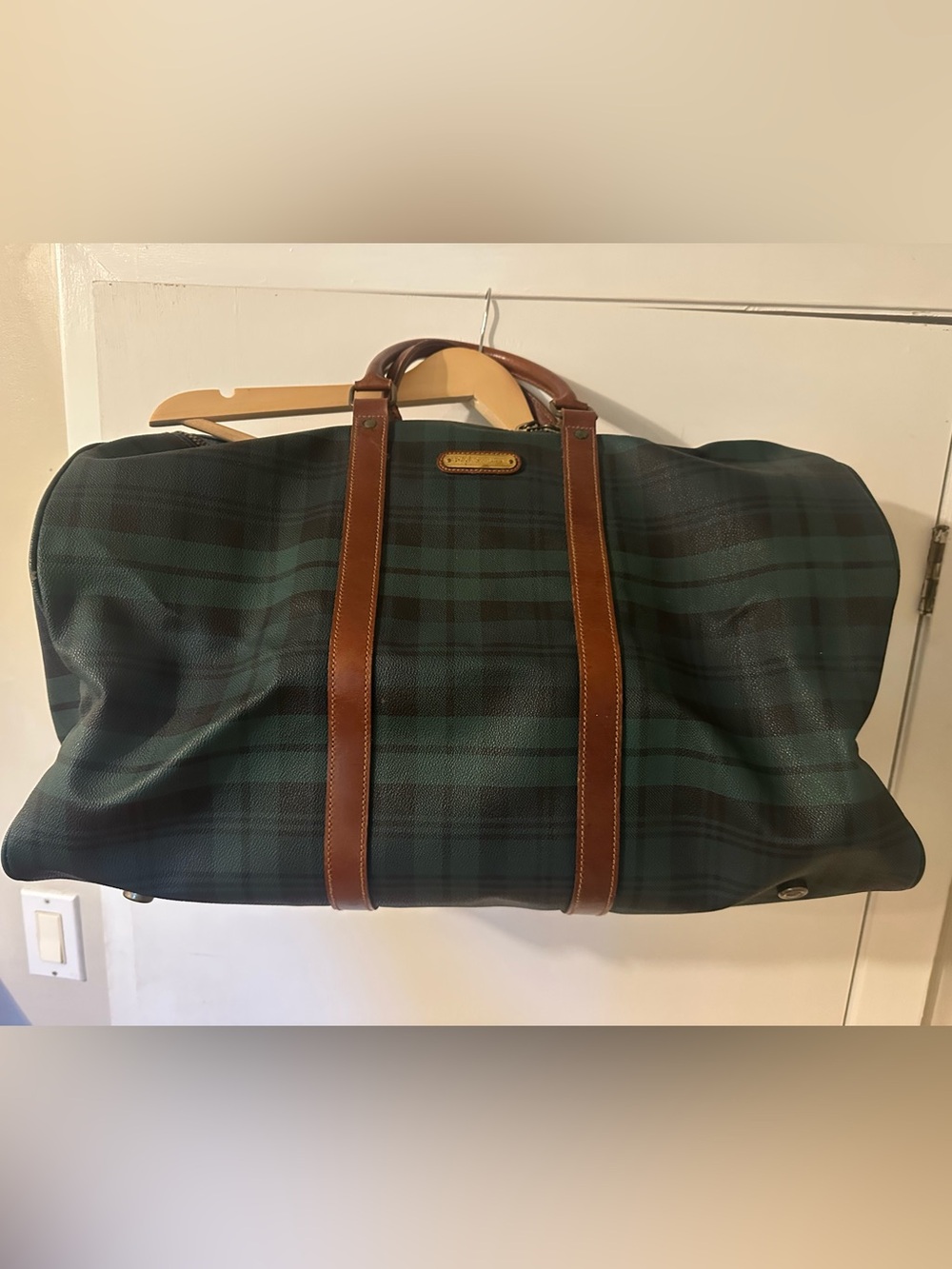Polo by Ralph Lauren Green Plaid Duffel with Brown Leather Trim